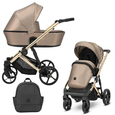 Immagine prodotto di Passeggino ARIZO PREMIUM 2in1 in ecopelle marrone/cappuccino con telaio e accessori dorati