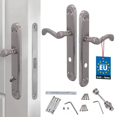 A set of door handles and related hardware, displayed against a white background.