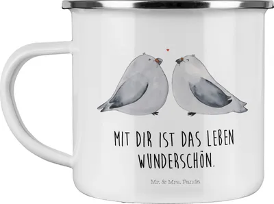 Produktbild von Mr. & Mrs. Panda wanderbecher Turteltauben Liebe - Weiß - Geschenk, Teetasse, Freundin, Emaille Becher, Tasse, Hochzeitstag, Kaffeepott, Jahrestag, glücklich, Reisebecher