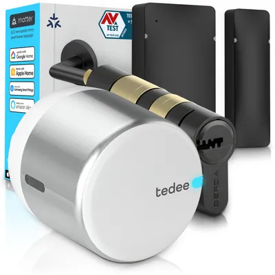 Produktbild von Tedee GO2 Alu Smart Lock Set mit Türsensor und EXXO Zylinder – Elektronisches Türschloss, Klasse 6, Auto-Lock nur bei geschlossener Tür, Matter