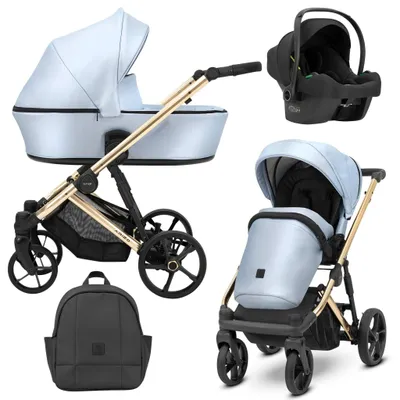 Obrázok produktu pre Kočík Kunert ARIZO PREMIUM 3v1 z ekokože v modrej farbe so zlatým rámom, prenosnou postieľkou a príslušenstvom