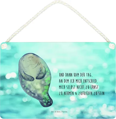 Produktbild von Mr. & Mrs. Panda Schild Seekuh Happy DIN A4 - Oceanblue - Geschenk, Wandbild Holz, Respekt, Holzschild, Achtsamkeit, Türschild, holzbild, Selbstliebe, Freundin, Meer
