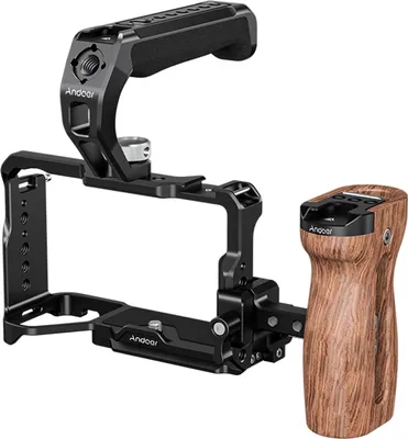 Zdjęcie produktu dla Klatka wideo Andoer + górny uchwyt + drewniany uchwyt boczny, klatka na kamerę ze stopu aluminium z mocowaniem na zimną stopkę, gwint 1/4 cala i 3/8 cala, zamiennik klipsa na kabel do Sony A7C II/A7CR