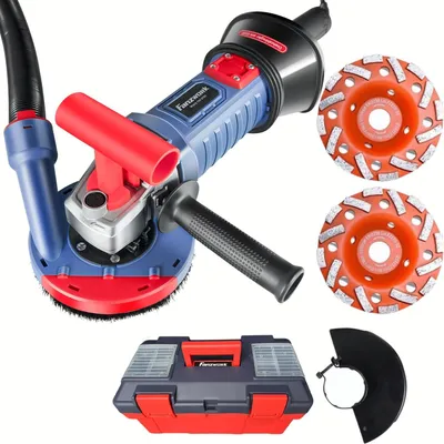 A set of tools for concrete grinding, including a grinder, grinding discs, a toolbox, and a protective guard, displayed against a white background.