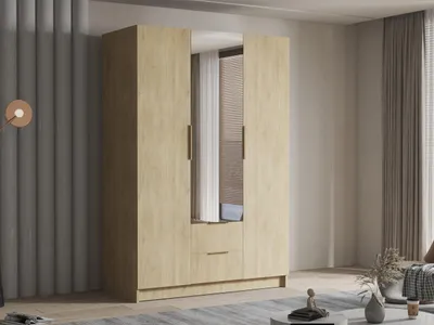 Obrázok produktu pre Vysoká šatníková skriňa 150 cm so zrkadlom MARILA - dub cremona / zlatá