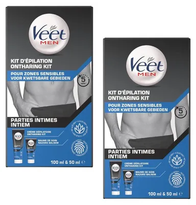 Zdjęcie produktu dla Zestaw do usuwania włosów VEET FOR MEN, przeznaczony do pielęgnacji intymnych miejsc, zawiera 2 kremy do depilacji o pojemności 100 ml i 2 aplikatory
