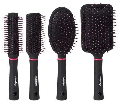 Produktbild von Relaxdays Haarbürste im 4er Set, mit Tasche für unterwegs, Kunststoffborsten, Rundbürste, Reisehaarbürste, schwarz/pink