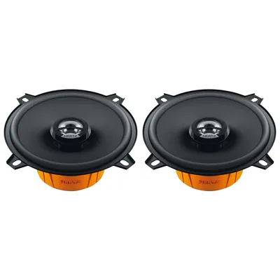 Two car speakers are shown against a white background.
