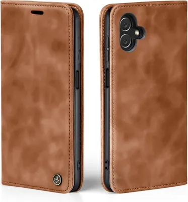 A brown leather flip case for a smartphone is shown from two angles.