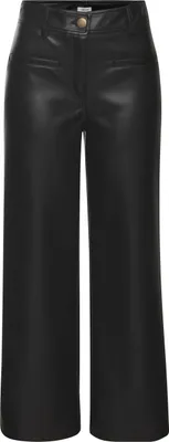 A pair of black faux leather culottes on a white background.