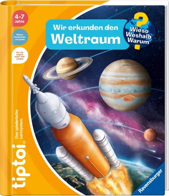 The image shows the front cover of a children's educational book about space, featuring a rocket launching into space with planets and nebulae in the background.