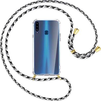 Produktbild von Handykette Backcover-Schutzhülle mit Band (Metall goldfarben) für Samsung Galaxy A20s - schwarz/grau/weiß