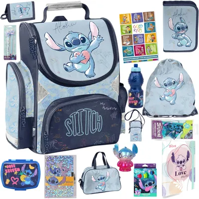 Produktbild von Schulranzen für Jungen und Mädchen, 15er-Set - Schul-Rucksack für Kinder mit Federmäppchen - Schuhbeutel Trinkflasche und Brotdose- Stitch Motiv