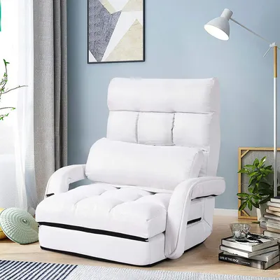 Produktbild von GOPLUS Klappbarer Bodenstuhl mit Armlehnen und Kissen, Comfort Mehrwinkel-Sessel aus Baumwolle, Faules Schlafsofa mit Verstellbarer Rückenlehne (weiß)