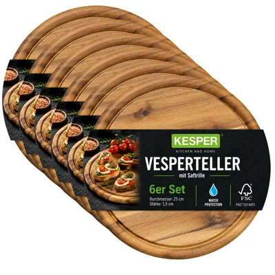 Produktbild von KESPER Vesperteller, Servierteller, 6er Set, ø 25 cm, Akazie, mit Saftrille, 2844215