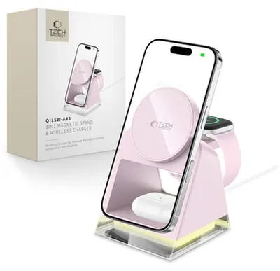 Zdjęcie produktu dla Ładowarka indukcyjna Tech-Protect QI15W-A43 3w1 MagSafe - różowa