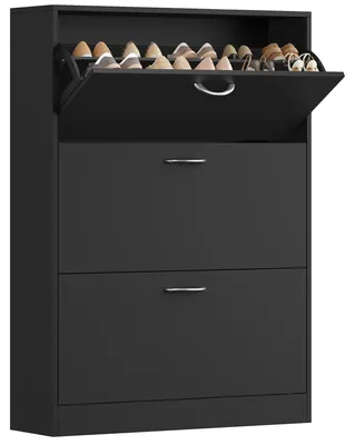 Zdjęcie produktu dla Szafka na buty do przedpokoju – regał na buty z 3 drzwiami uchylnymi – wąska szafka na buty z 3 półkami, wymiary 110 x 80 x 23,5 cm – nowoczesna szafka drewniana – czarna