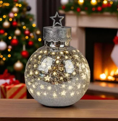 Produktbild von formano LED Deko-Kugel 30cm Silber Sterne Glaskugel mit Timer 6h/18h beleuchtet