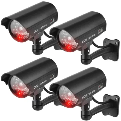 Immagine prodotto di 4 telecamere finte con LED lampeggianti, progettate per simulare un sistema di sicurezza