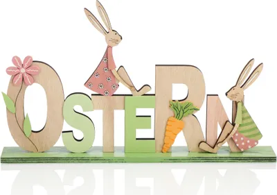 Produktbild von COM-FOUR® Deko Aufsteller für Ostern - Schriftzug mit Osterhasen - Osterdeko zum Hinstellen - Osterdekoration aus Holz
