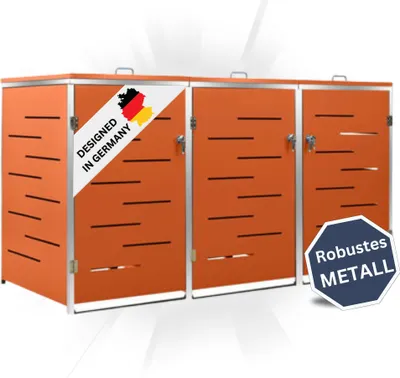 Produktbild von DELUKE® 3er Mülltonnenbox JAGU Edelstahl | Orange | 115x207x77,5cm | Mülltonnenverkleidung für 3 Tonnen 240L Müllbox aus Metall Mülltonnenschutz Mülltonnendach