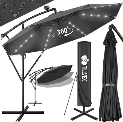 Produktbild von tillvex Alu Ampelschirm Anthrazit LED Solar Ø 300 cm mit Kurbel | Sonnenschirm mit An-/Ausschalter | Gartenschirm UV-Schutz Aluminium | Kurbelschirm mit Ständer Marktschirm wasserdicht