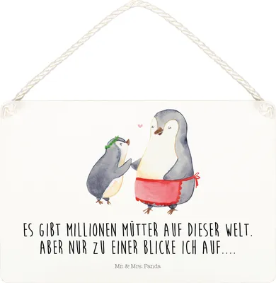 Produktbild von Mr. & Mrs. Panda Schild Pinguin mit Kind DIN A5 - Weiß - Geschenk, Mama, Familie, Türschild, Wandbild Holz, Muttertag, Holzschild, Vorbild, wandtafel, holzbild