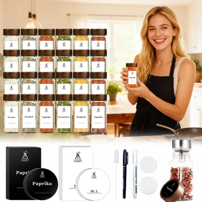 Produktbild von Gewürzgläser Set - 24 Stück 120 ml - Quadratische Glasbehälter - Luftdicht mit Holzdeckel - BPA-frei - Mit wasserfesten Etiketten