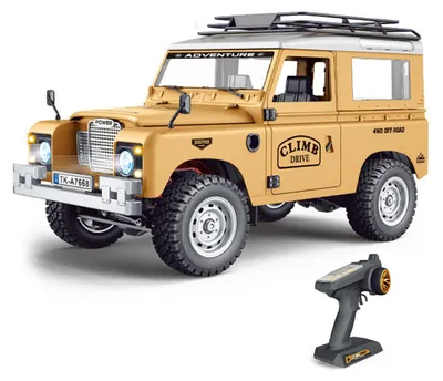 Obrázok produktu pre 2,4 GHz RC terénne auto typu crawler v mierke 1:10 s diaľkovým ovládaním a LED svetlami, dosah 100 m, vhodné do interiéru aj exteriéru, žlté