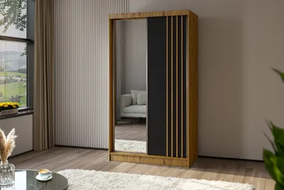 Obrázek produktu pro BEAUTYSOFA skříň s posuvnými dveřmi NELA II 120 cm - dvoudveřová skříň, šatní skříň, skříň se zrcadly a 2 zásuvkami, barva: Artisan+černá+Artisan