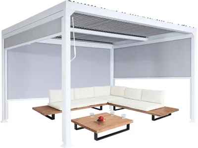 Obrázok produktu pre Alu pergola HWC-L41 s 3x bočnou stenou, lamelový pavilón, stabilný 8cm kovový rám 3x3,7m ~ biela