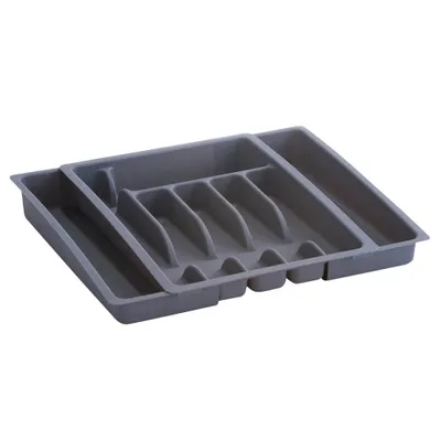 A gray plastic cutlery organizer is shown against a white background.