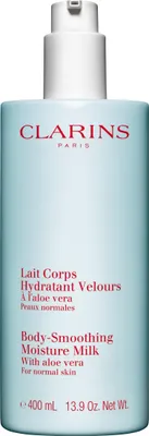 A product shot of a Clarins Body-Smoothing Moisture Milk bottle.