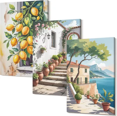 Produktbild von Wandbild – Leinwandbild – Leinwandbilder – Polycanvas – Kunstdruck – Modern – Panorama – Mehrteilig – 3-Teilig Set – Hochwertig – Lichtecht – Geruchslos – 20x30 Cm Je Element - Zitronen vor einem Hintergrund aus Blumen und Meerblick