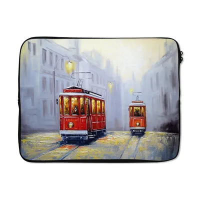 Produktbild von MuchoWow® Laptop Hülle 17 Zoll Laptoptasche Gemälde - Straßenbahn - Stadt - Öl - Zipper - Schutzabdeckung
