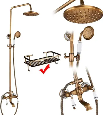 A collage of images showing different views and components of a shower fixture set.