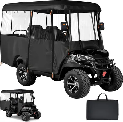 Produktbild von SucceBuy Wetterfeste Abdeckung für 2+2/4-Sitzer-Golfwagen, passend für die meisten Modelle von Club Car, Yamaha, EZGO und Honda, aus robustem 420D-Oxford-Gewebe mit PolyurethanBeschichtung und winddichtem Befestigungssystem