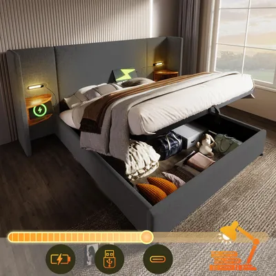 A bed with storage, featuring integrated lighting and charging ports.