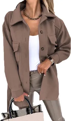 Produktbild von ASKSA Women's Single Breasted Shirt Jacket Long Sleeve Cardigan Coat Plain Outwear with Belt, Braun, L