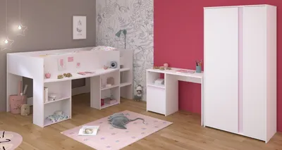Produktbild von Jugendzimmer-Set >Pirouette 13< (3-teilig) Weiss / Rose oder grau, Hochbett, Schrank, Schreibtisch