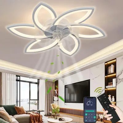 A modern living room scene with a ceiling fan and light fixture.