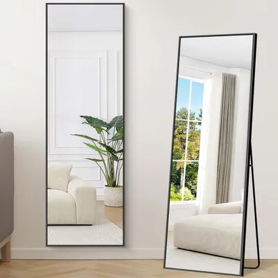 Obrázok produktu pre Zrkadlo na celé telo, stojace, 147 x 44 cm, čierny hliníkový rám, vhodné na postavenie, opretie alebo montáž na stenu