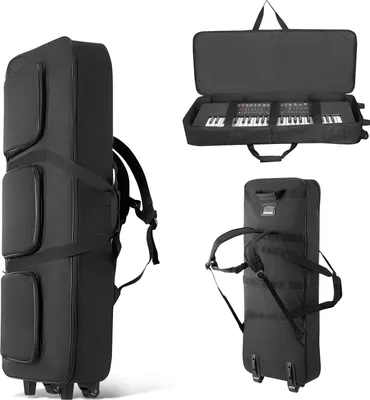 Zdjęcie produktu dla Torba na klawiaturę SucceBuy na 88 klawiszy, 1100 x 440 x 180 mm Torba transportowa z paskiem na ramię, uchwytami do przenoszenia i kółkami, materiał 1680D, wodoodporna i wyściełana, do pianin elektrycznych