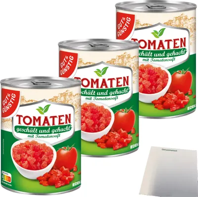 Produktbild von Gut & Günstig Tomaten geschält gehackt mit Tomatensaft 3er Pack (3x400g Dose) + usy Block