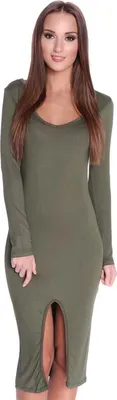 Produktbild von Damen Langarm Kleid Dress mit Schlitz vorne ; Khaki S/M 36/38