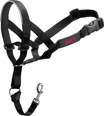 A black Halti headcollar for dogs is shown against a white background.