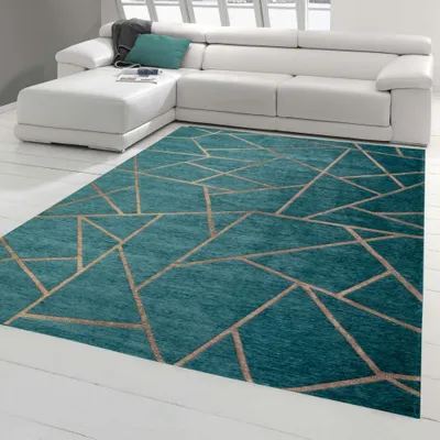 Produktbild von Orientteppich Wohnzimmer Teppich Geometrisches Muster in Türkis Bronze Größe - 160 x 230 cm