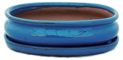 Produktbild von Bonsai-Schale mit Unterteller Gr. 3 - Blau - oval - Modell O47 - L 19cm - B 13,5cm - H 5cm