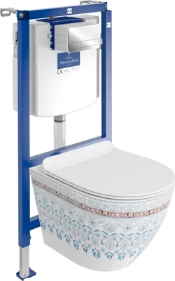 Produktbild von DOMINO | Villeroy&Boch ViConnect H112 Vorwandelement Unterputz WC mit Bedienplatte + Wand Hänge Tiefspül WC Sofi Slim Folklor Spülrandlos | WC - Set |