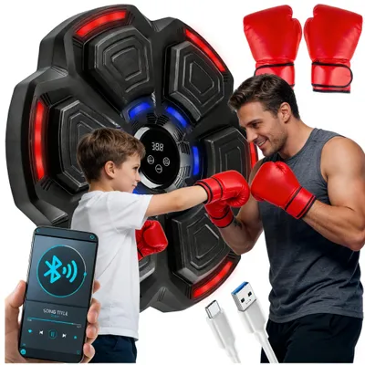 A father and son are using a music boxing machine in a home setting.
